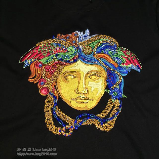 Versace短袖衣 2019春夏新款刺繡燙鑽 範思哲男士黑色T恤  tzy1797